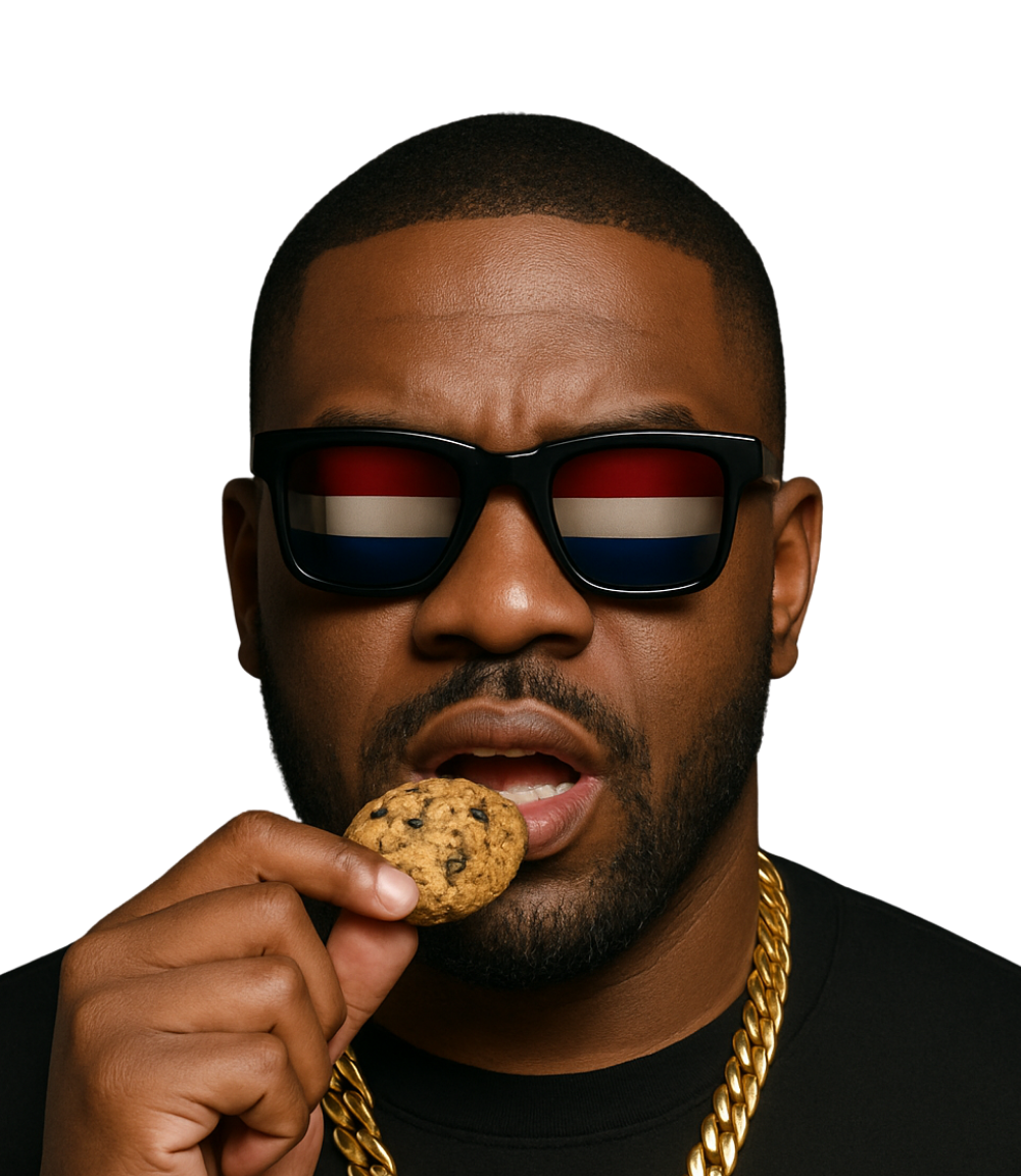Confidente rapper met zonnebril met Nederlandse vlag en gouden ketting, eet een cookie – DutchTag.